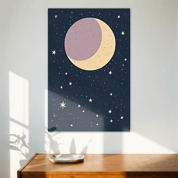 Magical Moon and Stars Celestial Wall Art - Minimalist Night Sky Illustration with Purple and Yellow Crescent Moon by VICTOR S