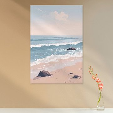 Ruhige Meereslandschaft mit Felsen und sanften Wellen – Minimalistische Wanddekoration im Küstenstil in Blaugrün und Beige von VICTOR S