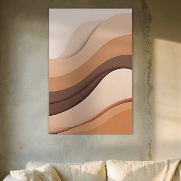 Warme bruine, gelaagde abstracte golven – moderne wanddecoratie in minimalistische aardetinten in 3D-papierknipstijl van VICTOR S