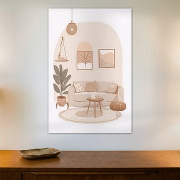 Boho Cozy Living Room Wall Art - Muted Earth Tones Watercolor Interior Print with Sofa and Plants by VICTOR S