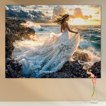 une mariée debout sur les rochers du littoral au coucher du soleil, avec les vagues en arrière-plan sur ArtMomente