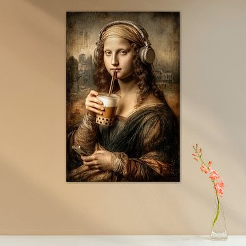 Mona Lisa met Koptelefoon en Bubble Tea van Peter Pen tekeningen en schilderijen
