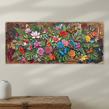 Panorama tropical avec un colibri, un martin-pêcheur et une flore colorée