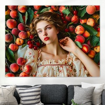 Vrouw met perziken en kersen