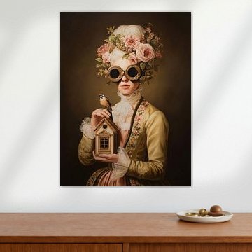 A dreamy portrait featuring flowers and a bird