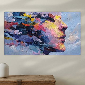 Art surréaliste : une tête flottante, fragmentée et lumineuse