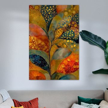 Fairytale Forest – Abstract Branch with Leaves in Blue, Gold and Red