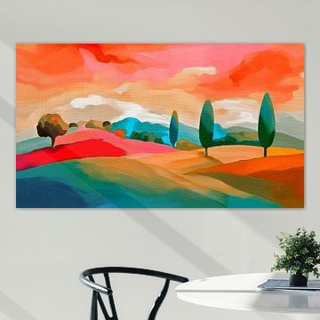 Farbenfrohe, abstrakte toskanische Hügellandschaft mit Zypressen in der Abendsonne
