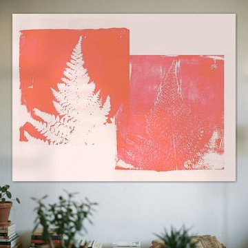 Minimalist abstract botanical art in pink and orange. Ferns