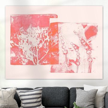 Art botanique abstrait minimaliste dans les tons rose et orange. Fleurs et feuilles sur Dina Dankers