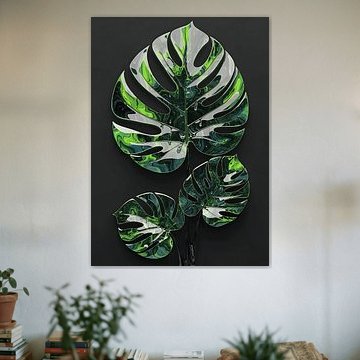 Neon Monstera Wall Art – Futuristic Botanical Poster – Green Aesthetic Decor