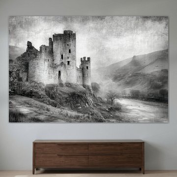 Alte Burgruine in einer schwarz-weißen Landschaft von BowiScapes – Kunst und urbane Wandgestaltung