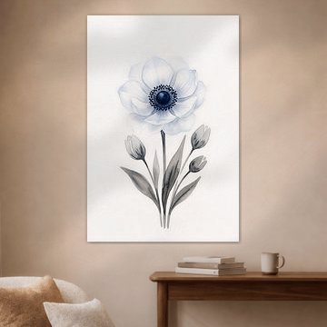 Minimalistischer botanischer Kunstdruck mit weißer Anemone in Aquarelltechnik von VICTOR S
