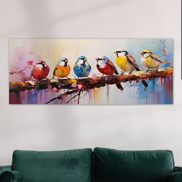 Farbenfrohe Vögel | Bunte Vogelparade von Blickfänger Gemälde