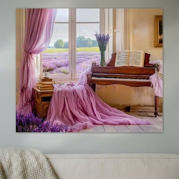 Verträumtes Lavendelzimmer mit Klavier – zauberhafte Innenraumgestaltung mit malerischem Blick auf die Felder von ArtMomente