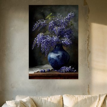 Donker Stilleven Blauwe Regen in Delftse Vaas van Joriali Fine Art