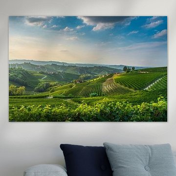 Langhe vineyards at sunset with Barbaresco village by Stefano Orazzini