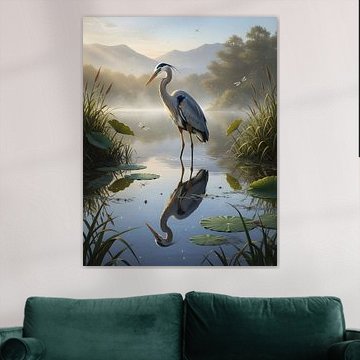 Un héron à la recherche de poissons dans un lac calme sur Regan Frederick