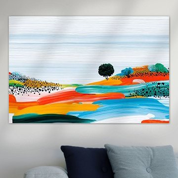 Paysage abstrait avec un lac et des aplats de couleurs vives