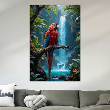 AVYRALIS – Un perroquet ara devant une cascade dans la jungle