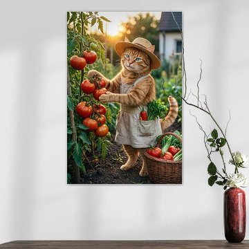 Kat die tomaten plukt in de tuin van Matthias Hauser