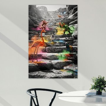 Chromatic Leap – animals on stone steps with bursts of colour