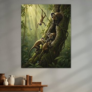 Apen in het bos die in een oude boom spelen van Regan Frederick