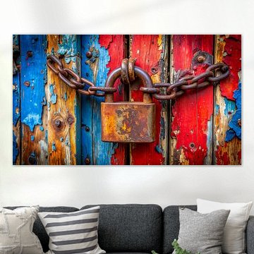 Gros plan sur un vieux cadenas rouillé et une chaîne