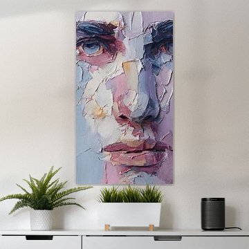 Ein fragmentiertes Gesicht, das in abstrakten Schichten schwebt – eine surrealistische moderne Kunstkomposition von Aden Pink Studio