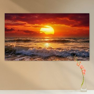 Dramatic Sunset Over the Ocean Waves