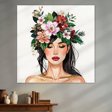 Romantic portrait of a woman with flowers and a golden glow by Studio Pieternel