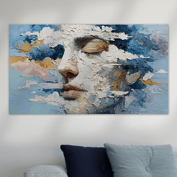 Abstraktes Porträt zur Erweiterung des Bewusstseins mit wolkenartiger Textur und ausdrucksstarkem Acrylstil von Aden Pink Studio