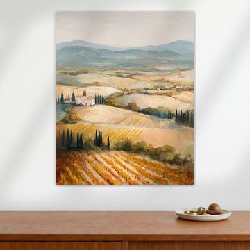 Tuscan hills dotted with cypress trees and vineyards