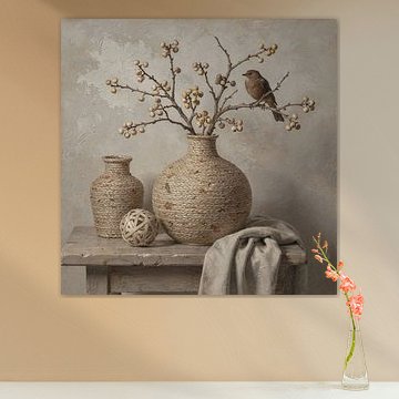 Aardekrans – landelijk stilleven met vogel en bessentakken van Kleurenrijk