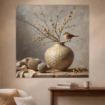 Gouden taklijn – landelijk stilleven met vogel en bessentakken van Kleurenrijk