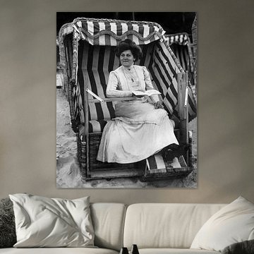 Elegant lady in a beach chair, circa 1900, historical black-and-white photograph, vintage beach poster by Belle Époque