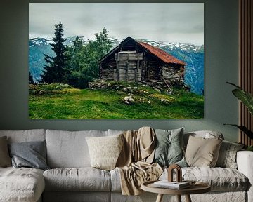 Oude schuur in de buurt van Aurland, Noorwegen