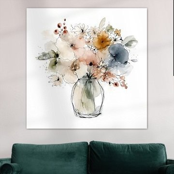 Aquarellblumen in einer Vase mit verspielten Tintenlinien (AI) (abstrakt, feminin, sanft, warm, Farben) von Natalie Bruns