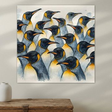 Group of king penguins (AI) (penguins, colony, watercolour, painting, Antarctica, winter), by Natalie Bruns