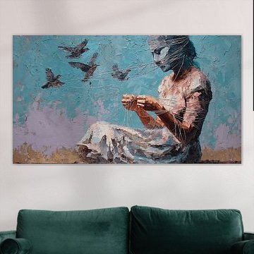 Vervormd figuur dat glazen vogels voedt terwijl het draden uit zijn borst trekt – Abstract, emotioneel schilderij van Aden Pink Studio