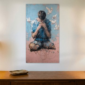 Surreal Figure Pulling Tangled Wires From Chest Symbolizing Inner Chaos and Emotional Breakdown by Aden Pink Studio