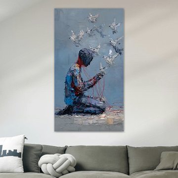 Eine surreale Figur, die verwickelte Drähte aus ihrer Brust zieht – als Symbol für seelischen Schmerz und inneres Chaos von Aden Pink Studio