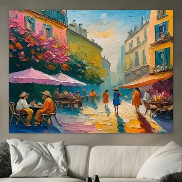 Impressionistische stijl: Pleintje met terrasjes aan de Franse Rivièra