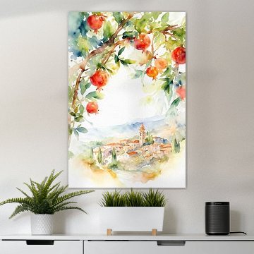 Sunny landscape with a pomegranate tree and a village (AI) (cheerful, summer, holiday vibe, fresh, colourful) by Natalie Bruns