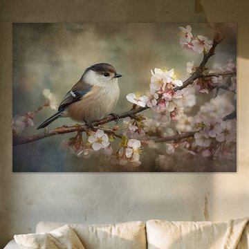 Vogel op bloesemtak - zacht lentebeeld van Joriali Fine Art