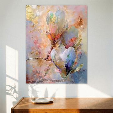 Lente stilleven: Magnolia met zachte kleuren en gouden accenten