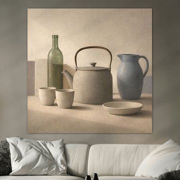 Still life with a teapot and a blue vase by Claudia Gründler