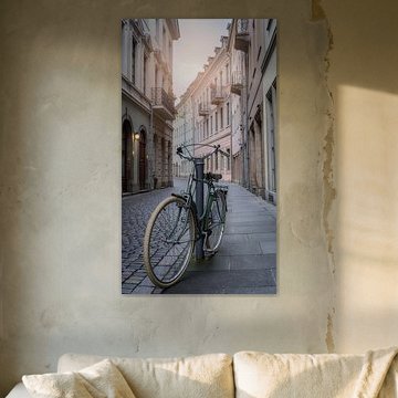 Altes Fahrrad in einer ruhigen deutschen Straße mit alten Wohnhäusern geparkt von Animaflora PicsStock