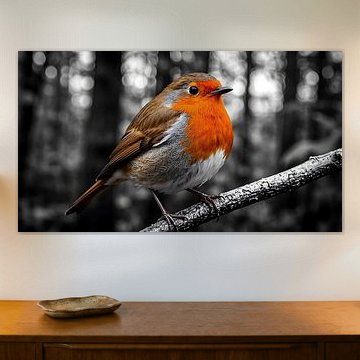 Ruhiges Porträt einer Rotkehlchen – Naturfotografie-Druck – Konzentrierte monochrome Vogelkunstfotografie von MIROKKU