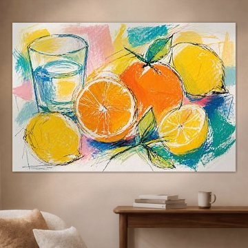 A lively still life featuring citrus fruits by Claudia Gründler